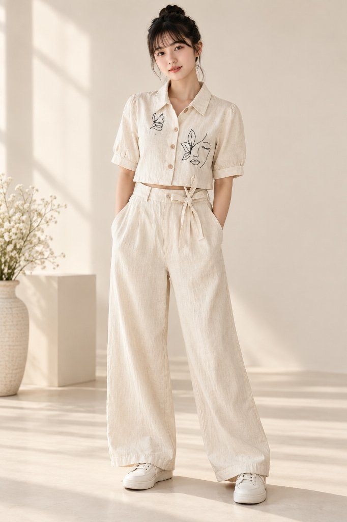 Natural Beige Line-Art Embroidered Crop Shirt & Trouser Co-Ord Set