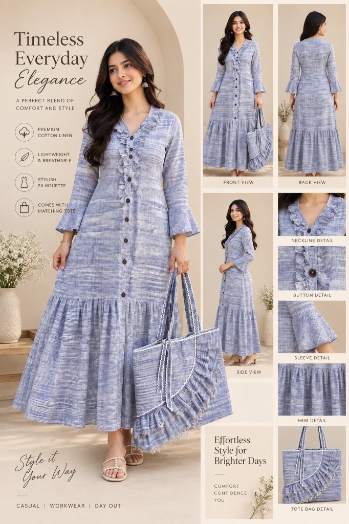Slate Blue Ruffled Cotton Linen Maxi Dress with Matching Tote