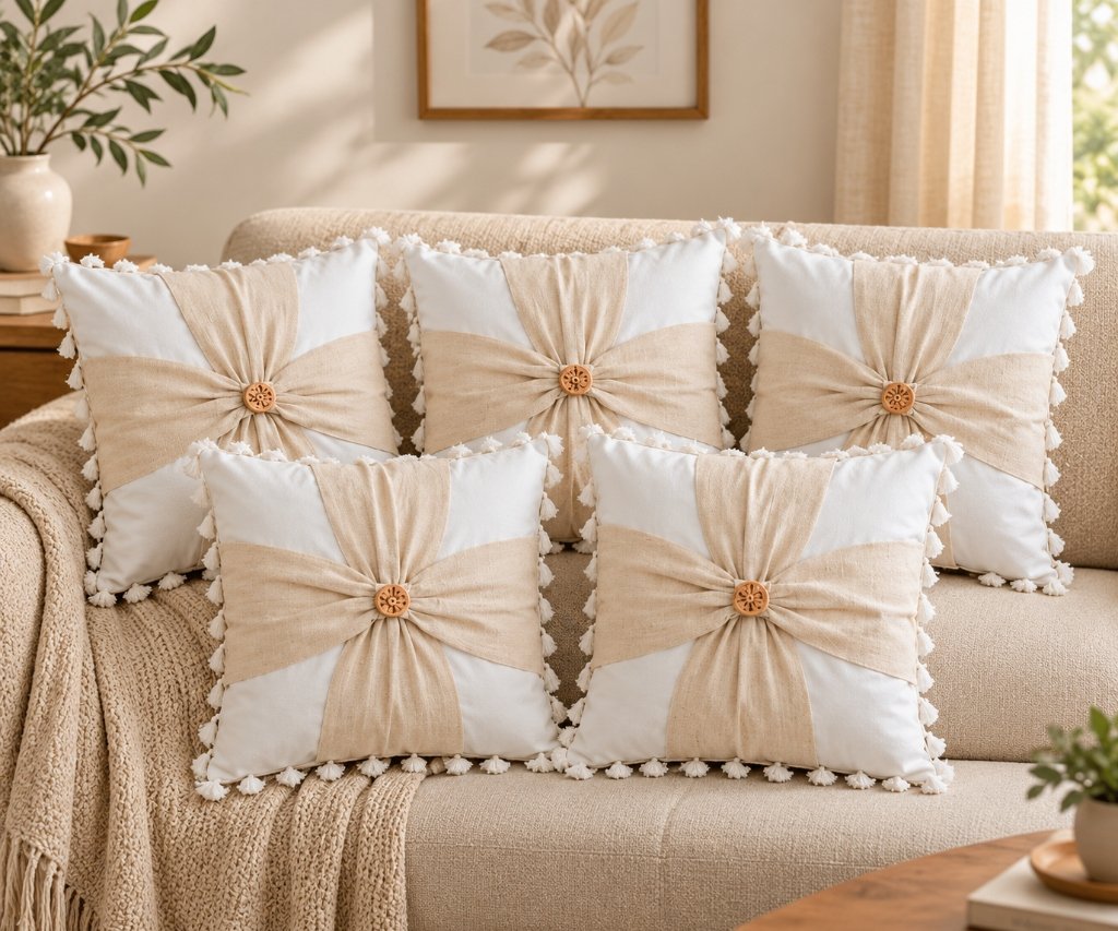 Handcrafted Bow-Tie Wooden Button & Pom-Pom Cushion Covers (Set of 5)