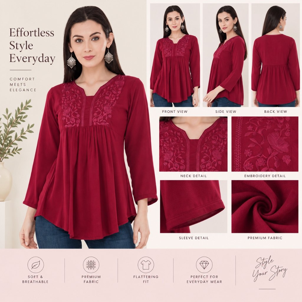 Crimson Floral Embroidered Empire Peplum Tunic Top
