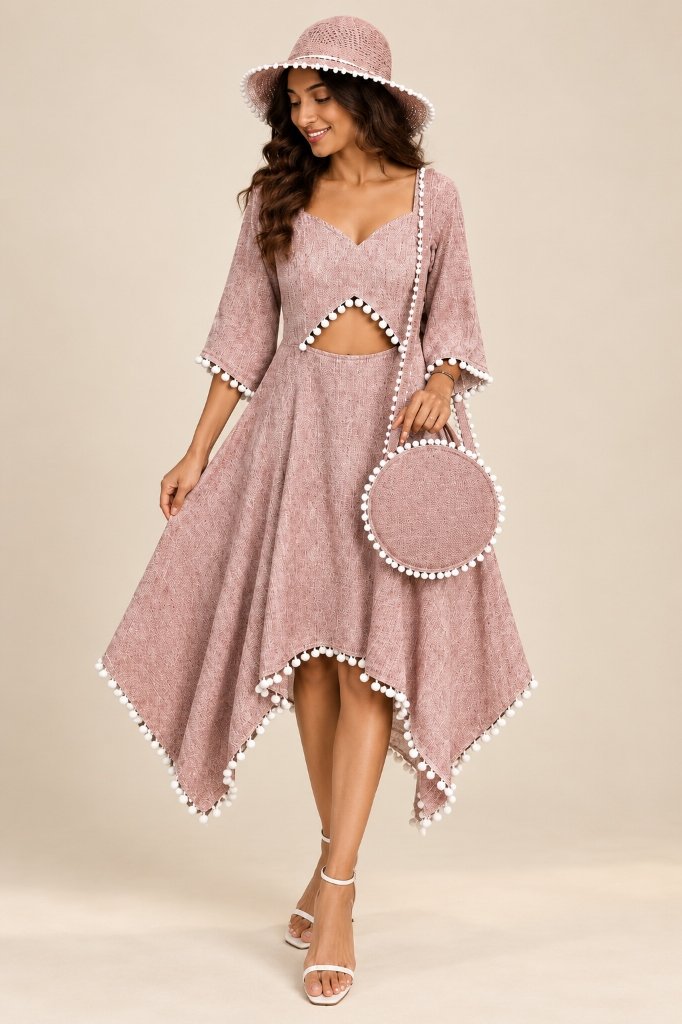 Dusty Rose Handkerchief Hem Cutout Dress Ensemble with Hat & Bag