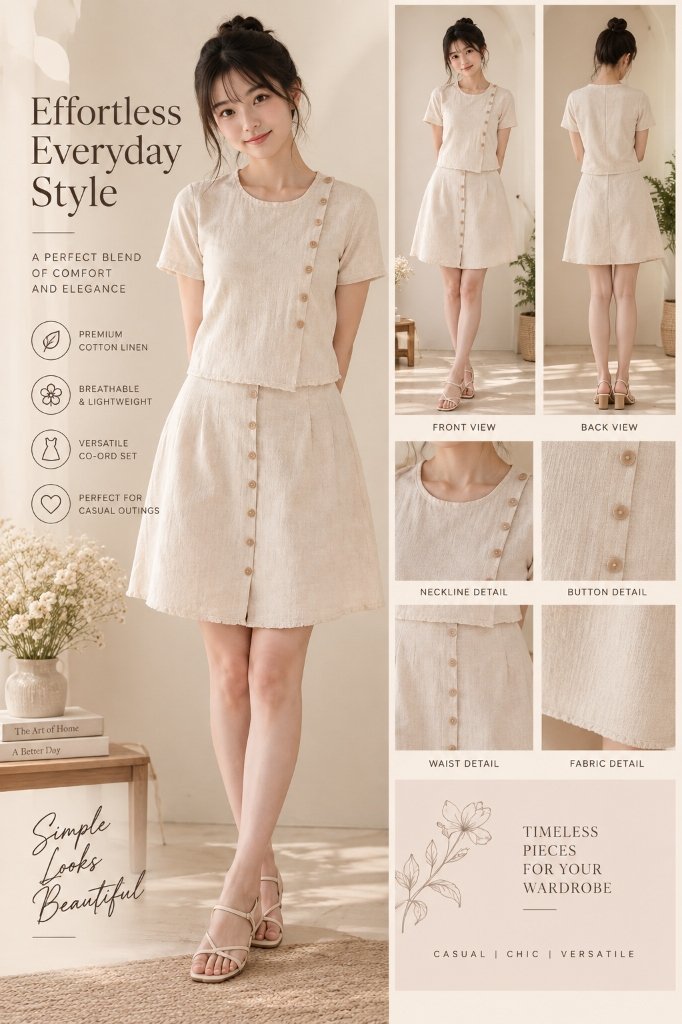 Asymmetrical Buttoned Linen Top & A-Line Skirt Co-Ord Set