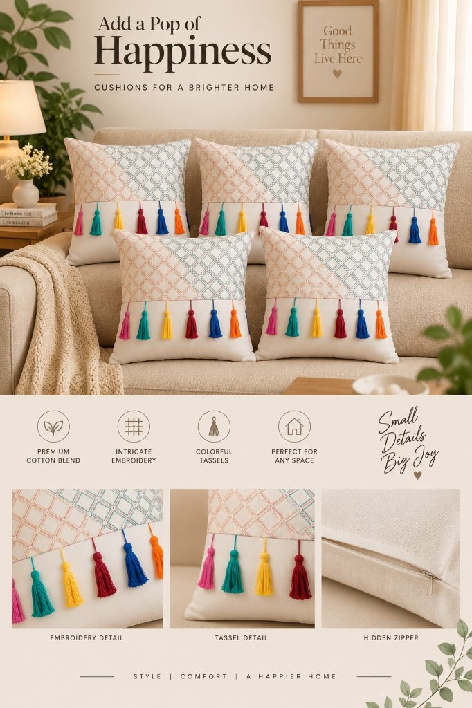 Handcrafted Geometric Embroidered Tassel Cushion Covers (Set of 5)
