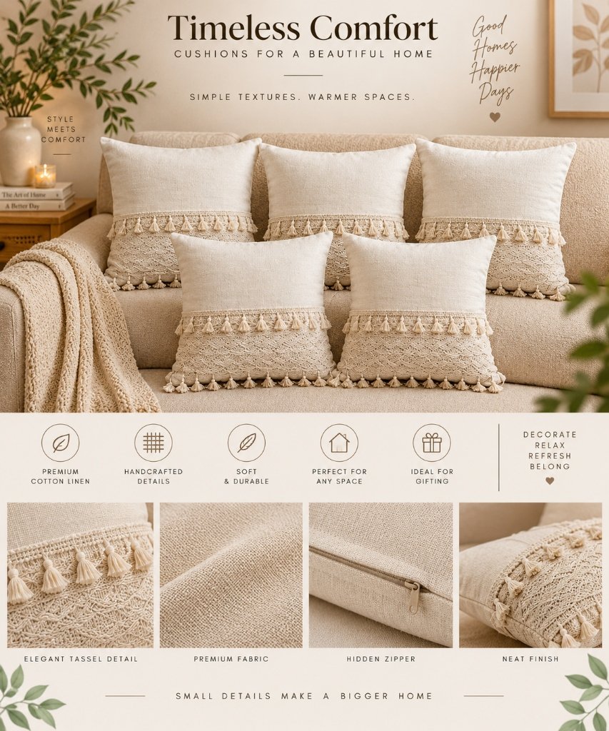 Ivory Macramé Lace & Tassel Cotton Linen Cushion Covers (Set of 5)