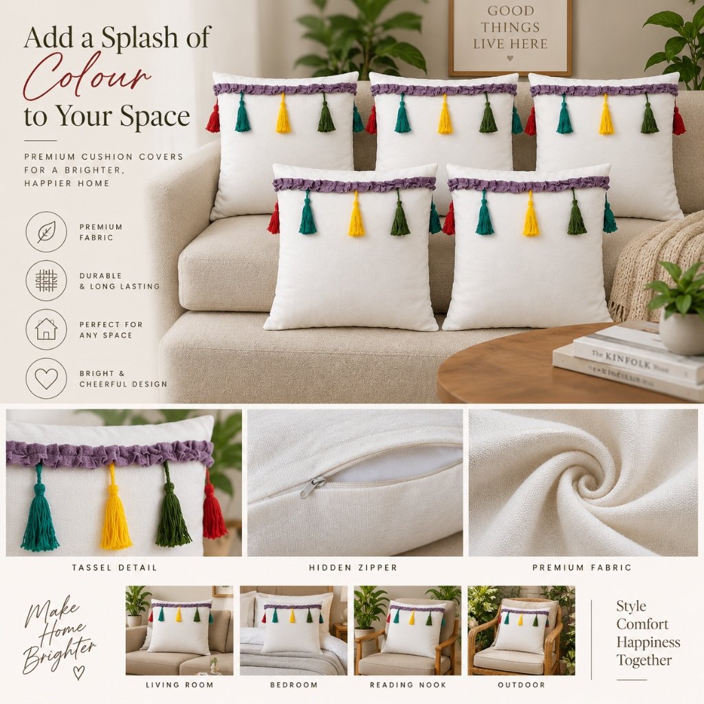Lavender Ruffled Trim & Multicolored Tassel Cushion Covers (Set of 5)