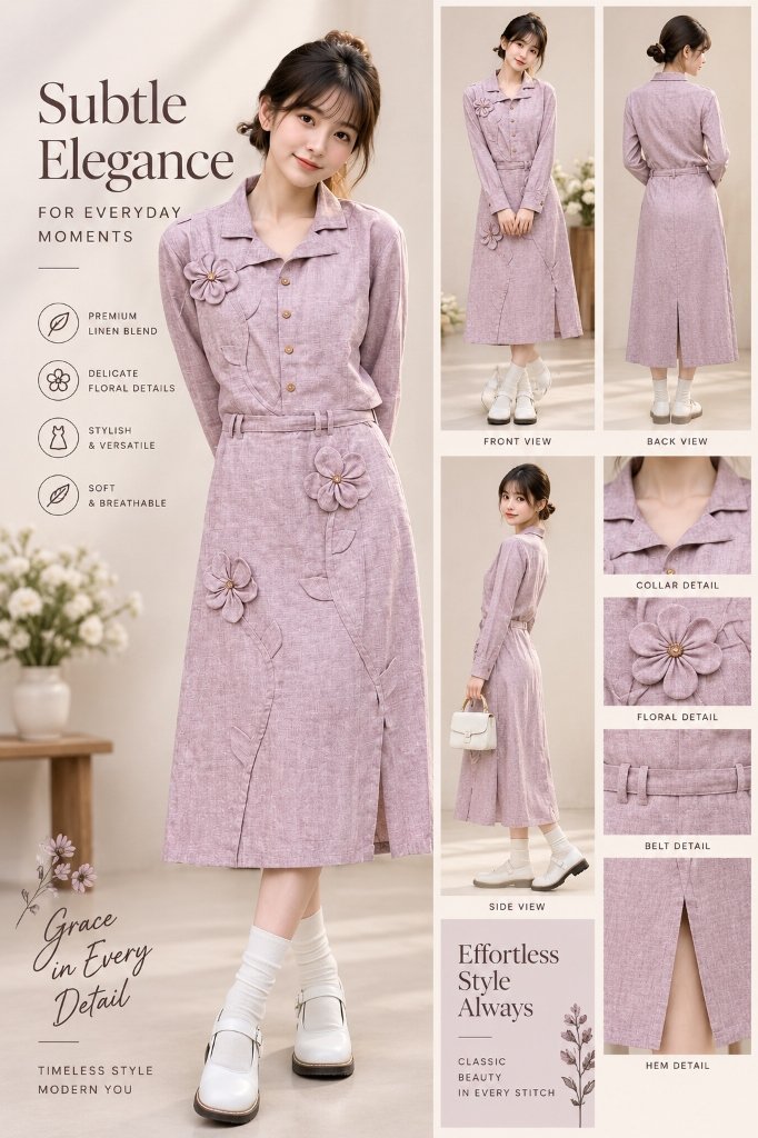 Dusty Mauve 3D Floral Linen Blend Belted Midi Dress