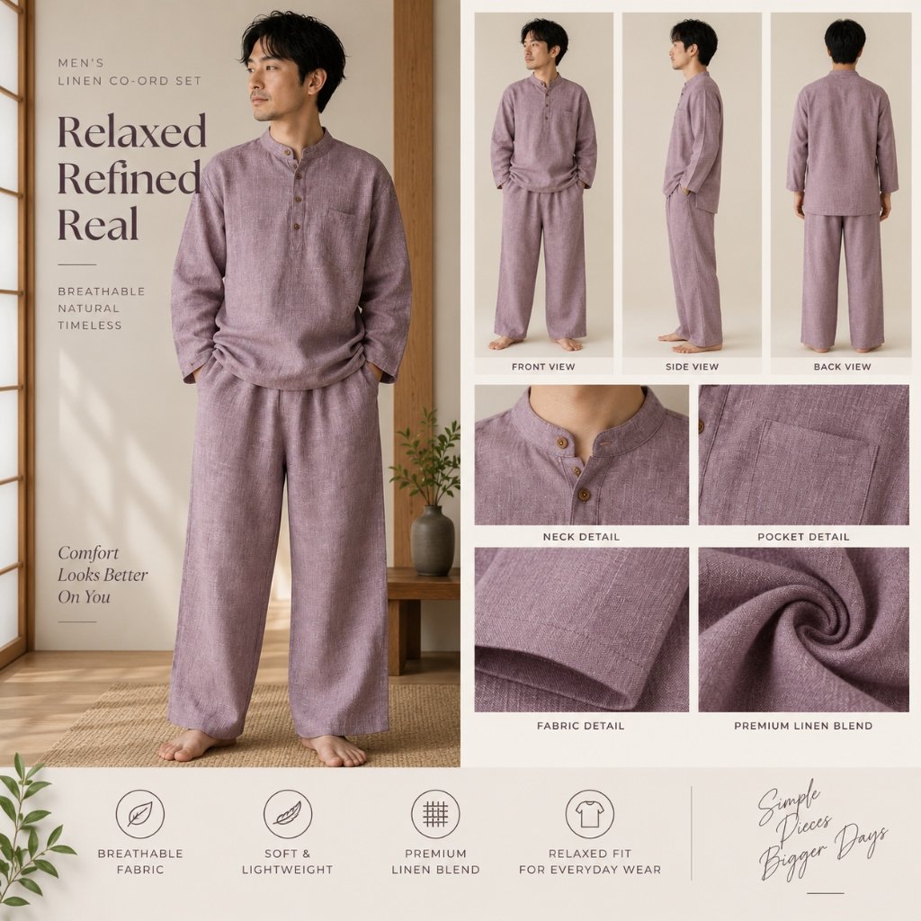 Men's Relaxed Dusty Mauve Linen Kurta Shirt & Trouser Co-Ord Set