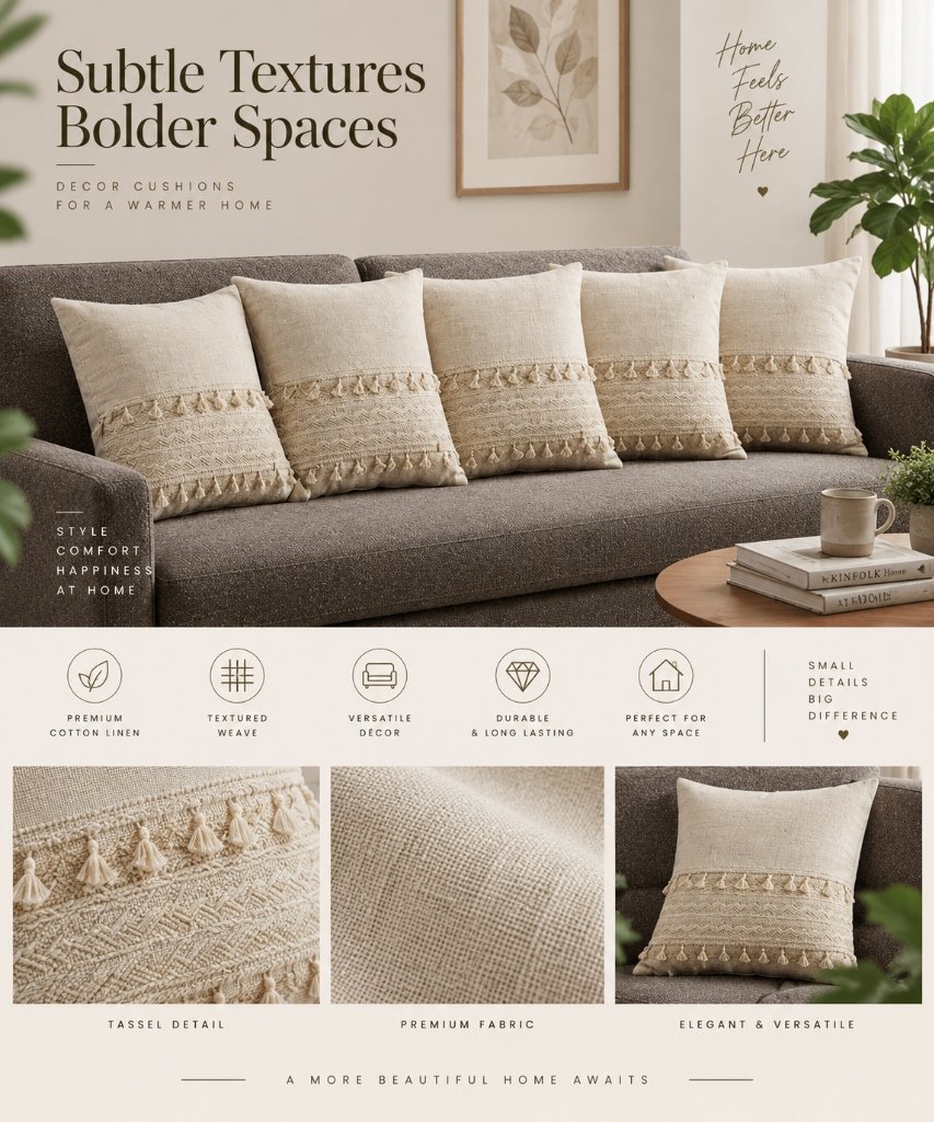 Oatmeal Textured Bohemian Chevron Fringe Cushion Covers (Set of 5)