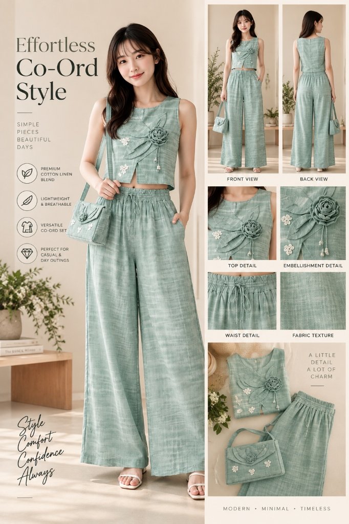 Sage Green 3D Floral Appliqué Linen Co-Ord Set with Handbag