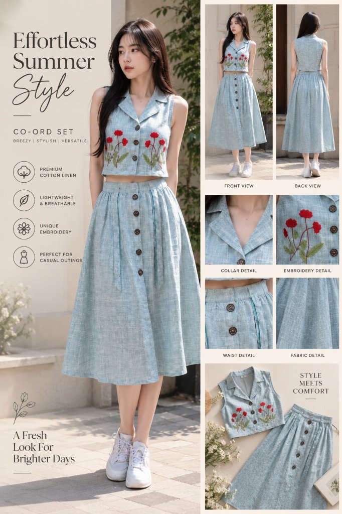 Sky Blue Floral Embroidered Linen Vest & Skirt Co-Ord Set