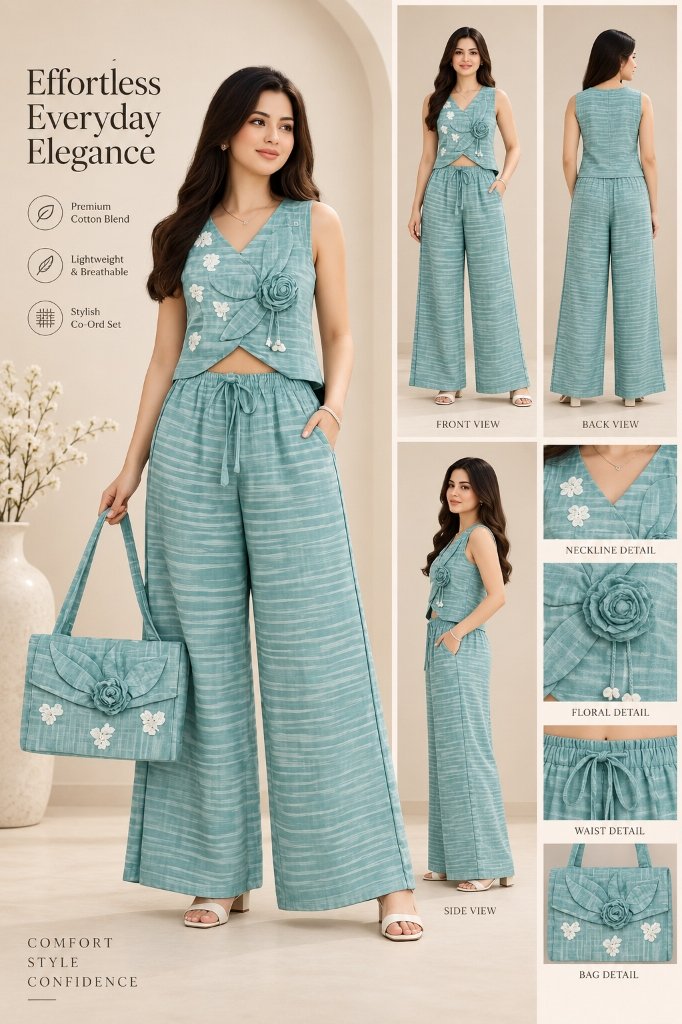 Teal Floral Appliqué Cotton Co-Ord Set with Matching Handbag