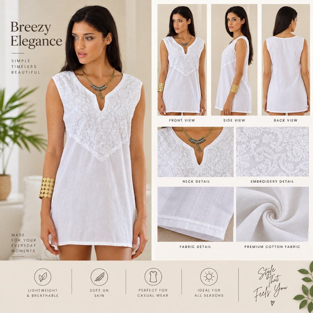 Pristine White Floral Embroidered Sleeveless Cotton Tunic Dress